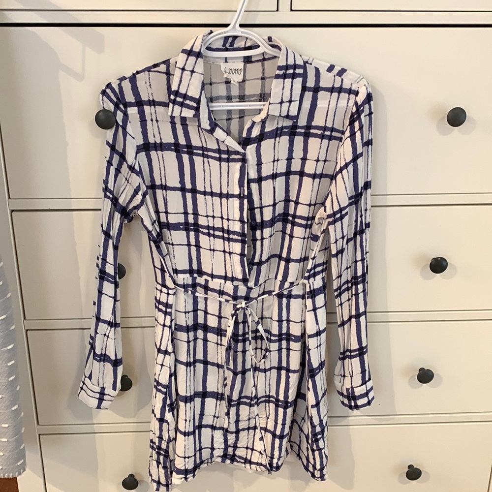 Blue and white button up tie waist mini dress